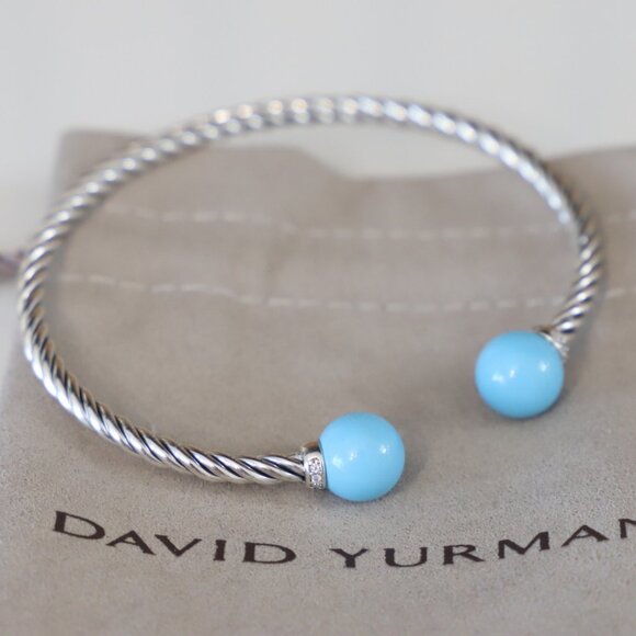 David Yurman Sterling Silver 3.5mm Solari Bracelet Turquoise with Diamonds - Picture 1 of 7